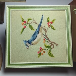 Framed Vintage Needlepoint Blue Jay Mid-Century Bird Cottagecore Wall Art 18x18